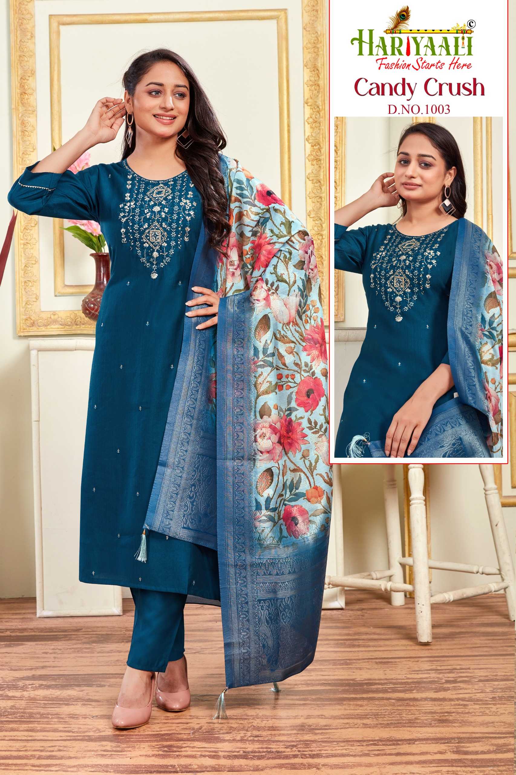 candy crush vol 1 by hariyaali  vetican silk amazing work fully stitch combo set 3pcs dress