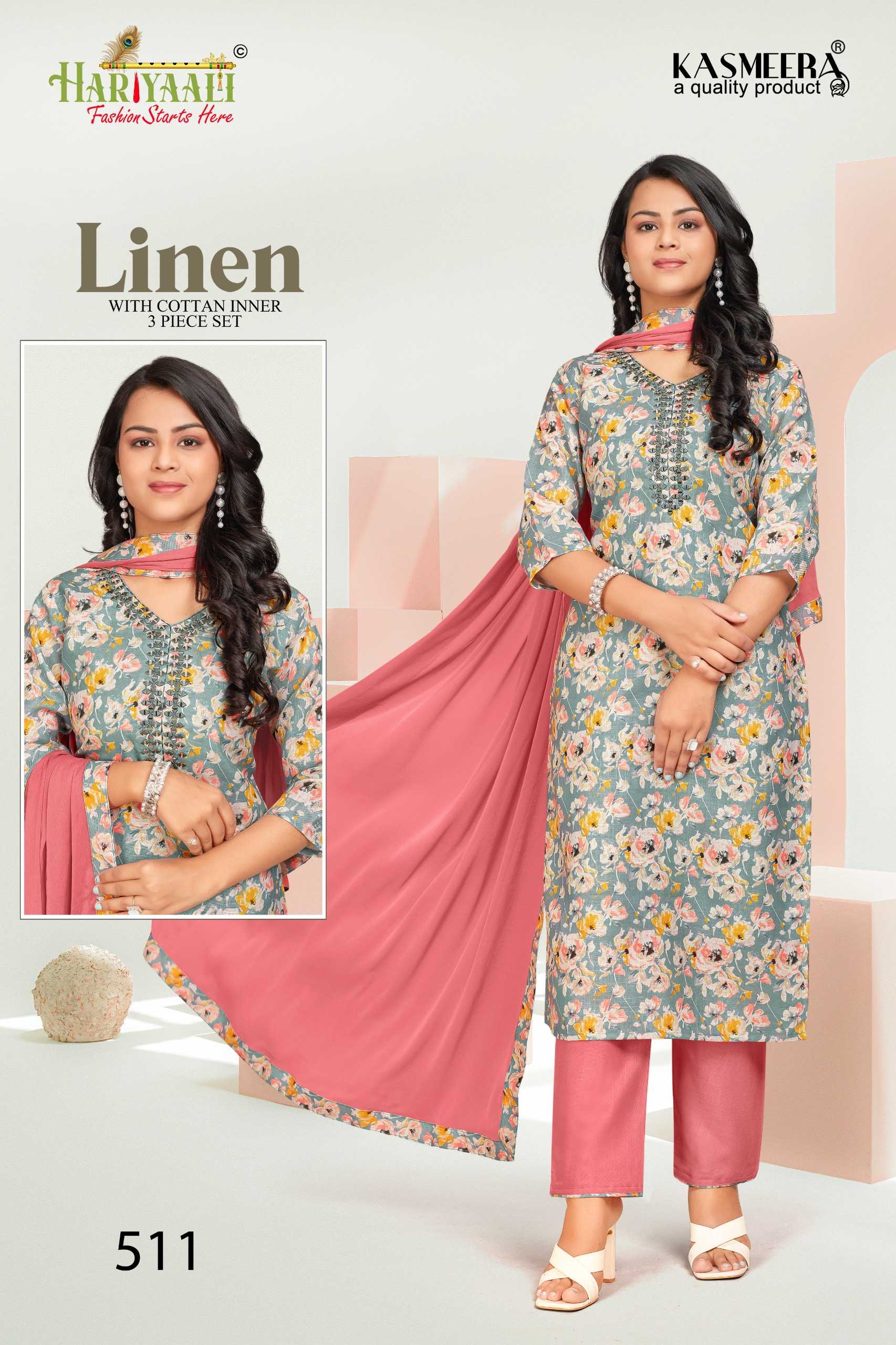 hariyaali presents linen vol 5 elegant look mirror work full stitch combo set salwar kameez 
