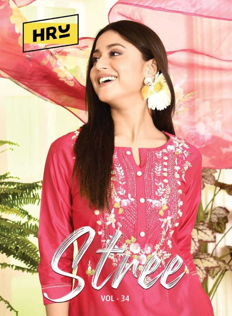 hru stree vol 34 party wear viscose embroidery fully stitch 3pcs dress