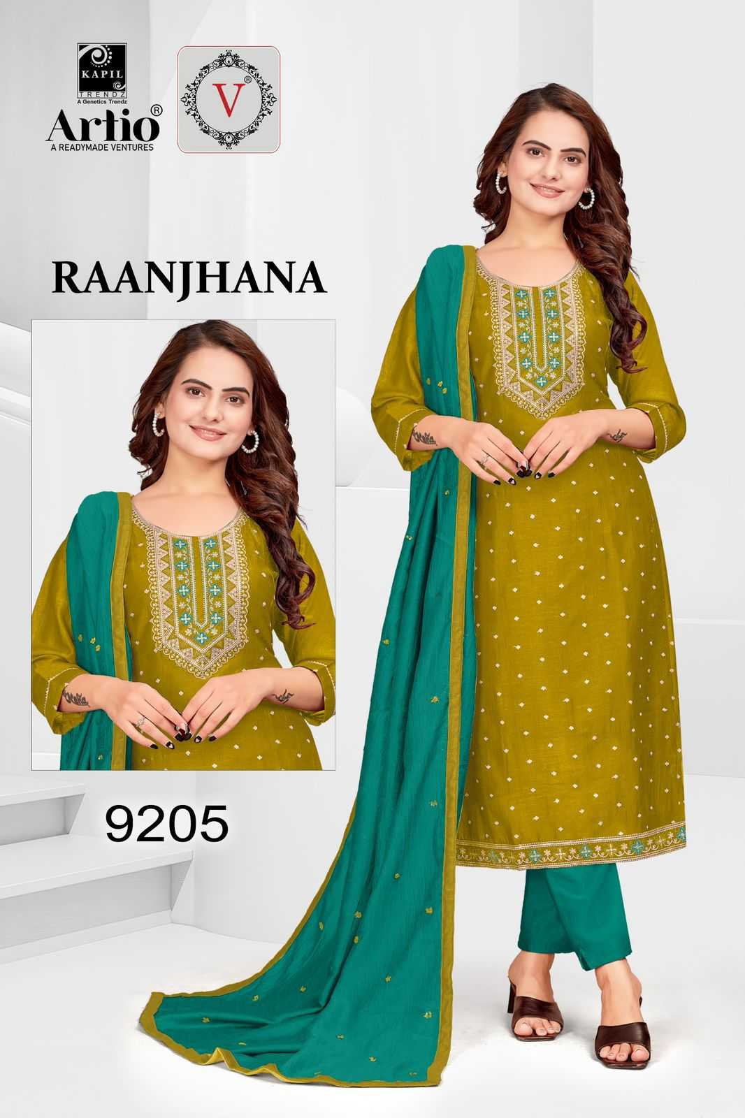 kapil trendz raanjana fancy vichitra silk neck work combo set big size full stitch 3pcs dress collection