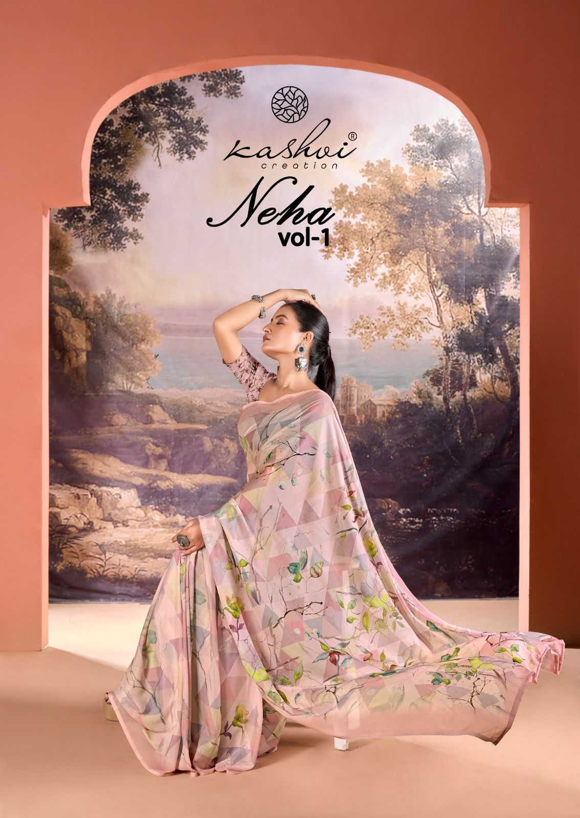 neha vol 1 by kashvi creation new design dull moss digital print saree wholesaler 