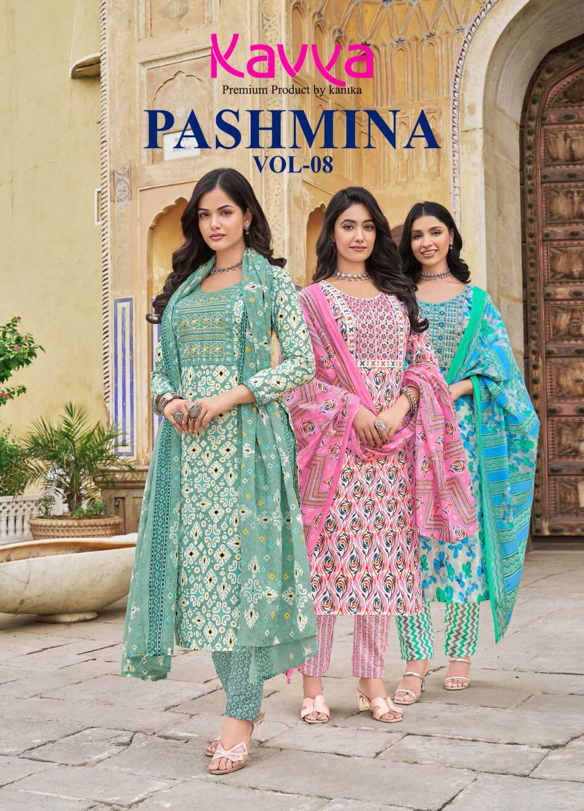 pashmina vol 8 by kavya new design cotton embroidery neck work fully stitch salwar suit