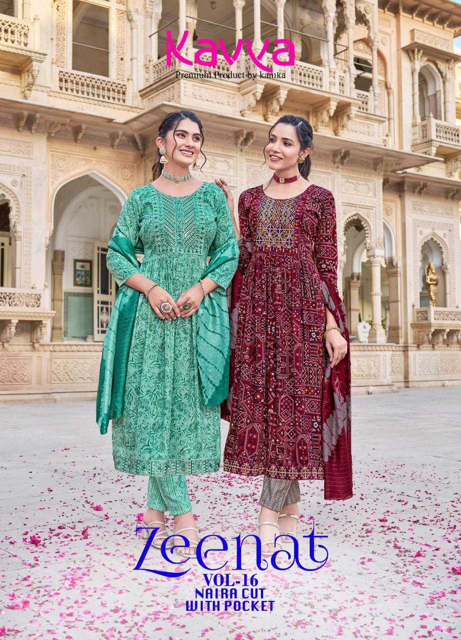 zeenat vol 16 by kavya 16001-1610 stylish nayra cut capsule foil print full stitch big size salwar suit