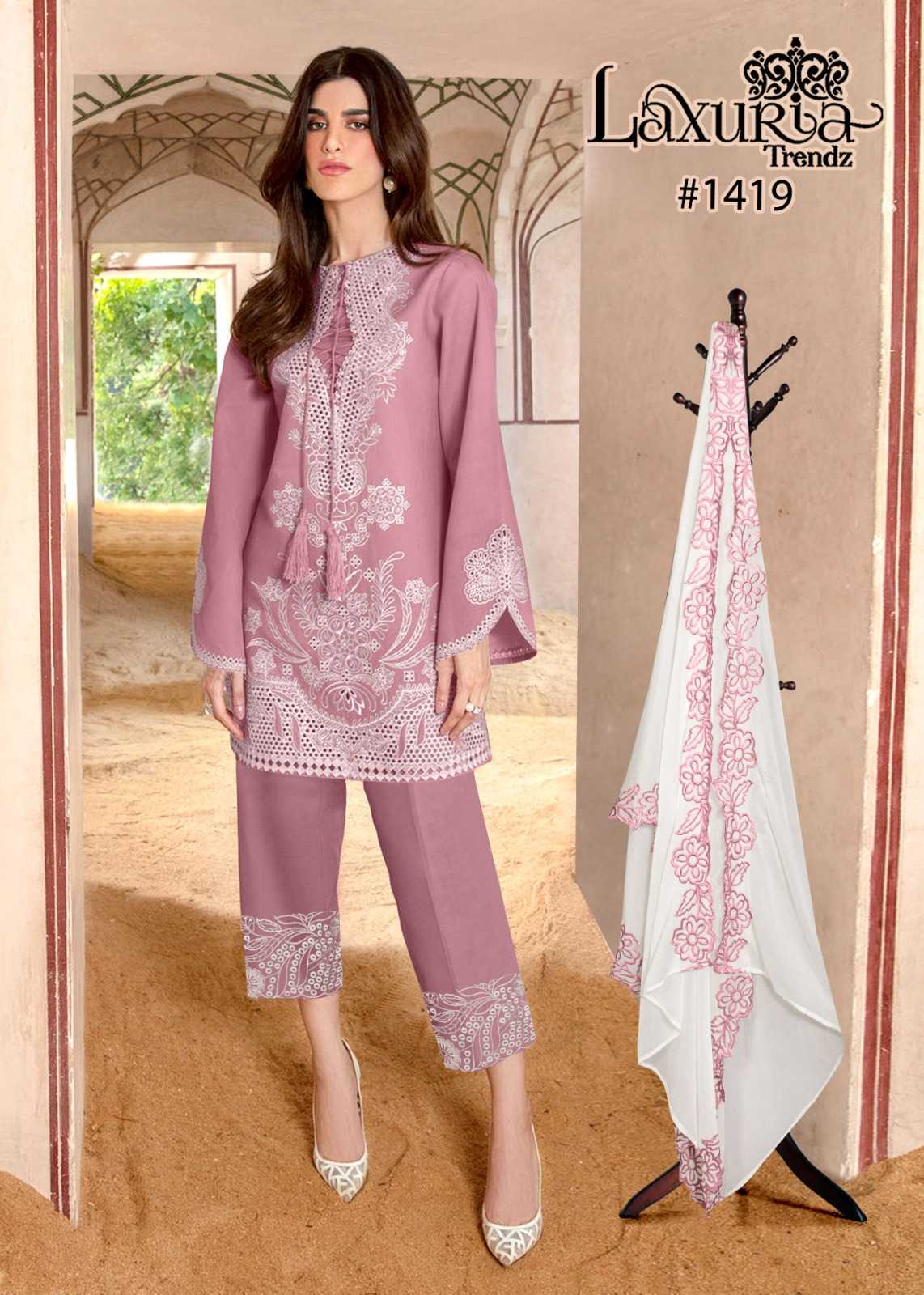 1419 by laxuria trendz cotton satin tunic style embroidery work full stitch 3pcs dress