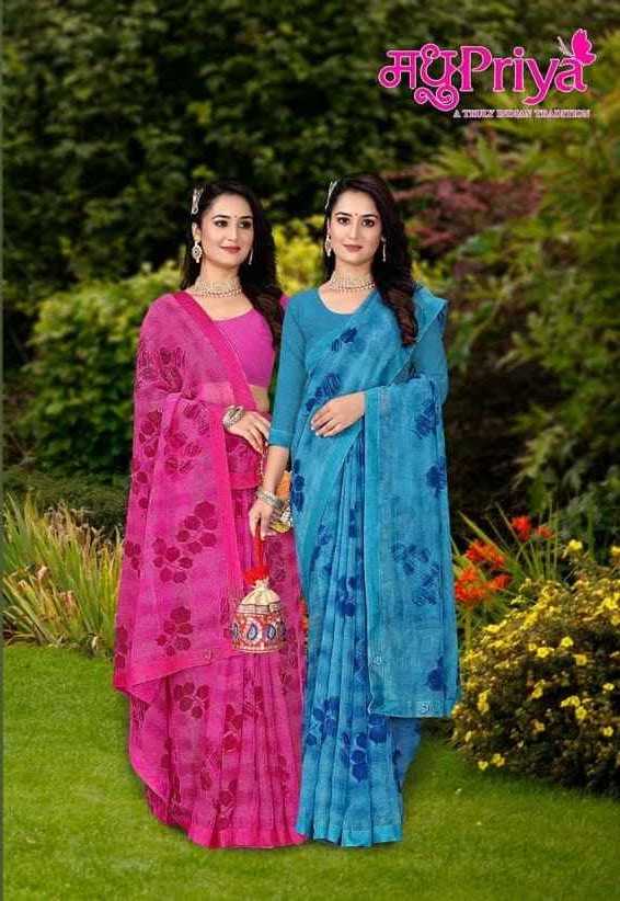 kulfi d.no 1083 by madhupriya 1001-1008 fancy chiffon satin printed saree with blouse 
