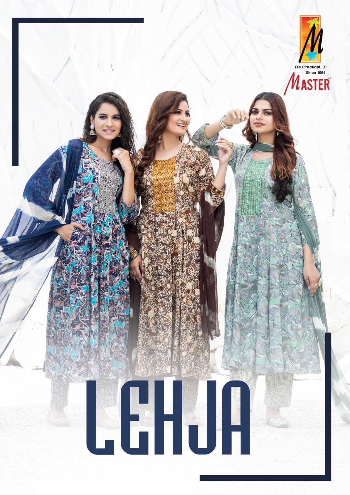 master lehja rayon print ghera pattern stylish ethnic kurti pant with dupatta collection