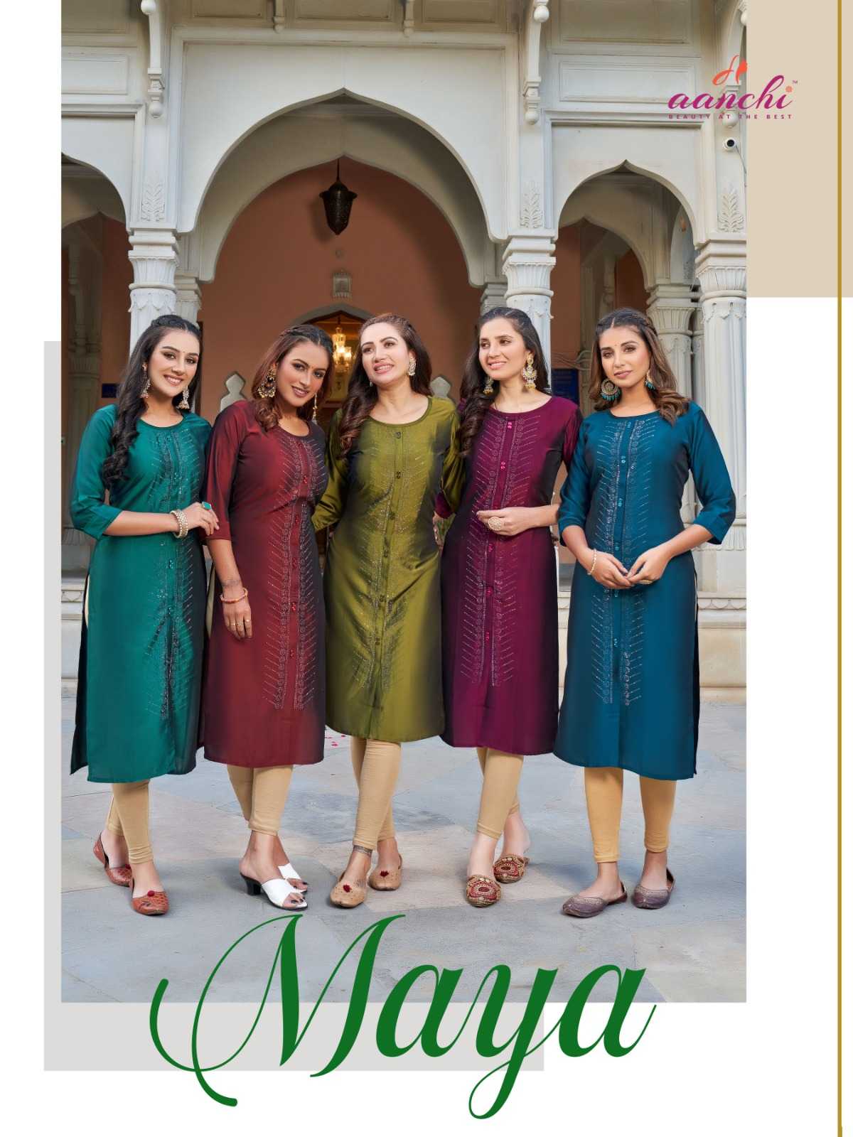 maya by aanchi new trendy rangeela silk diamond work fully stitch straight cut kurti wholesaler