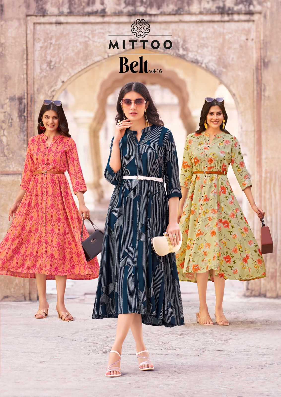 belt vol 16 by mittoo rayon print traditional wear fully stitch flair long kurti with belt 