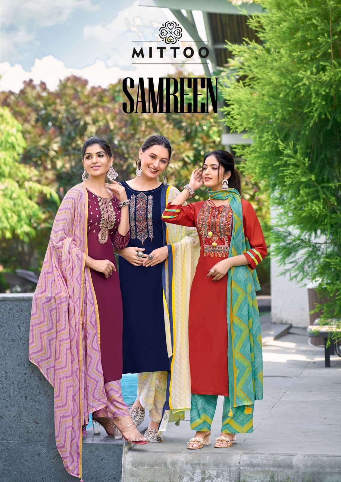 samreen by mittoo heavy rayon thread & handwork full stitch big size top pant dupatta exports