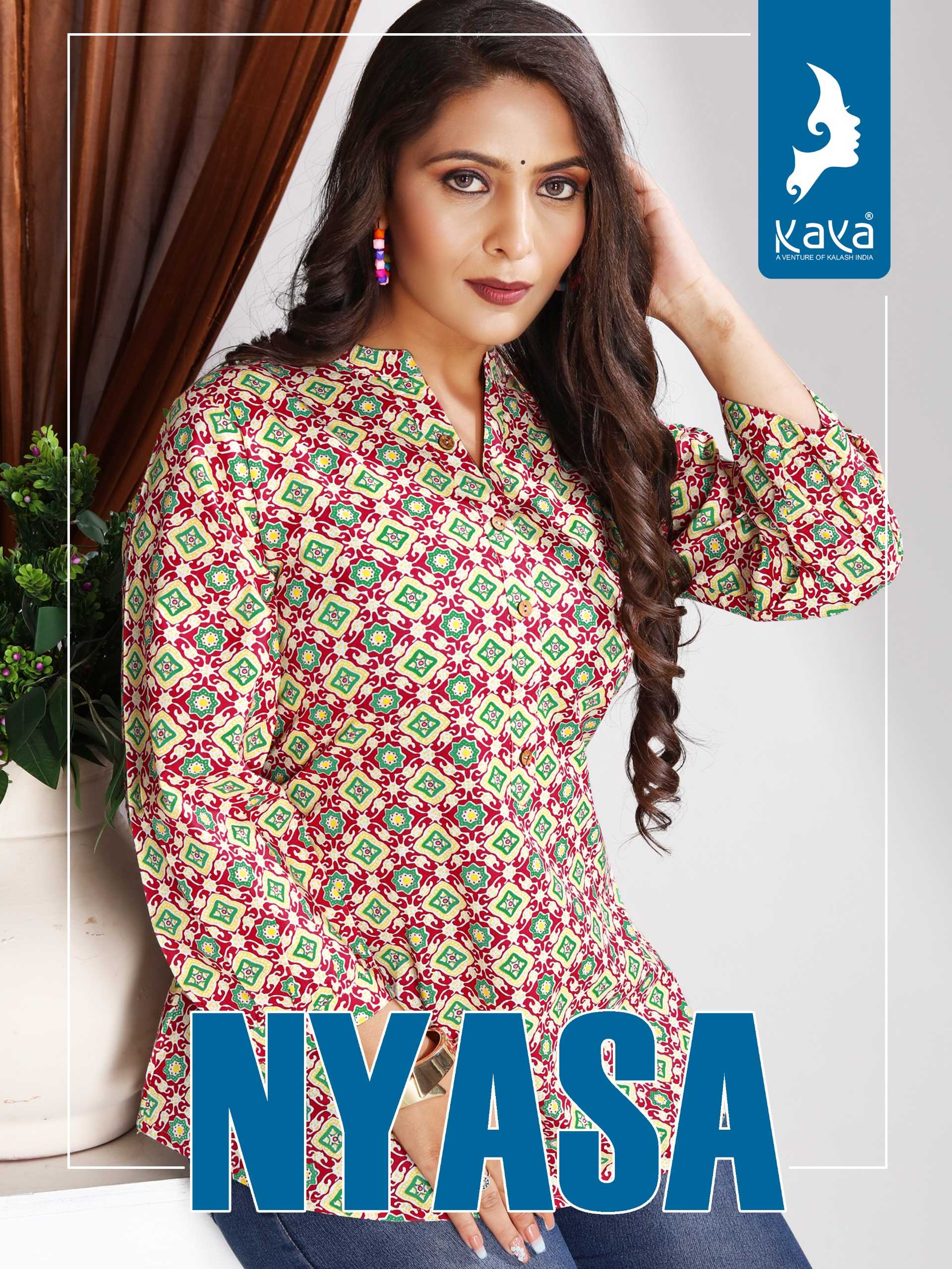 nyasa by kaya readymade classic cotton print big size fancy short kurti exports