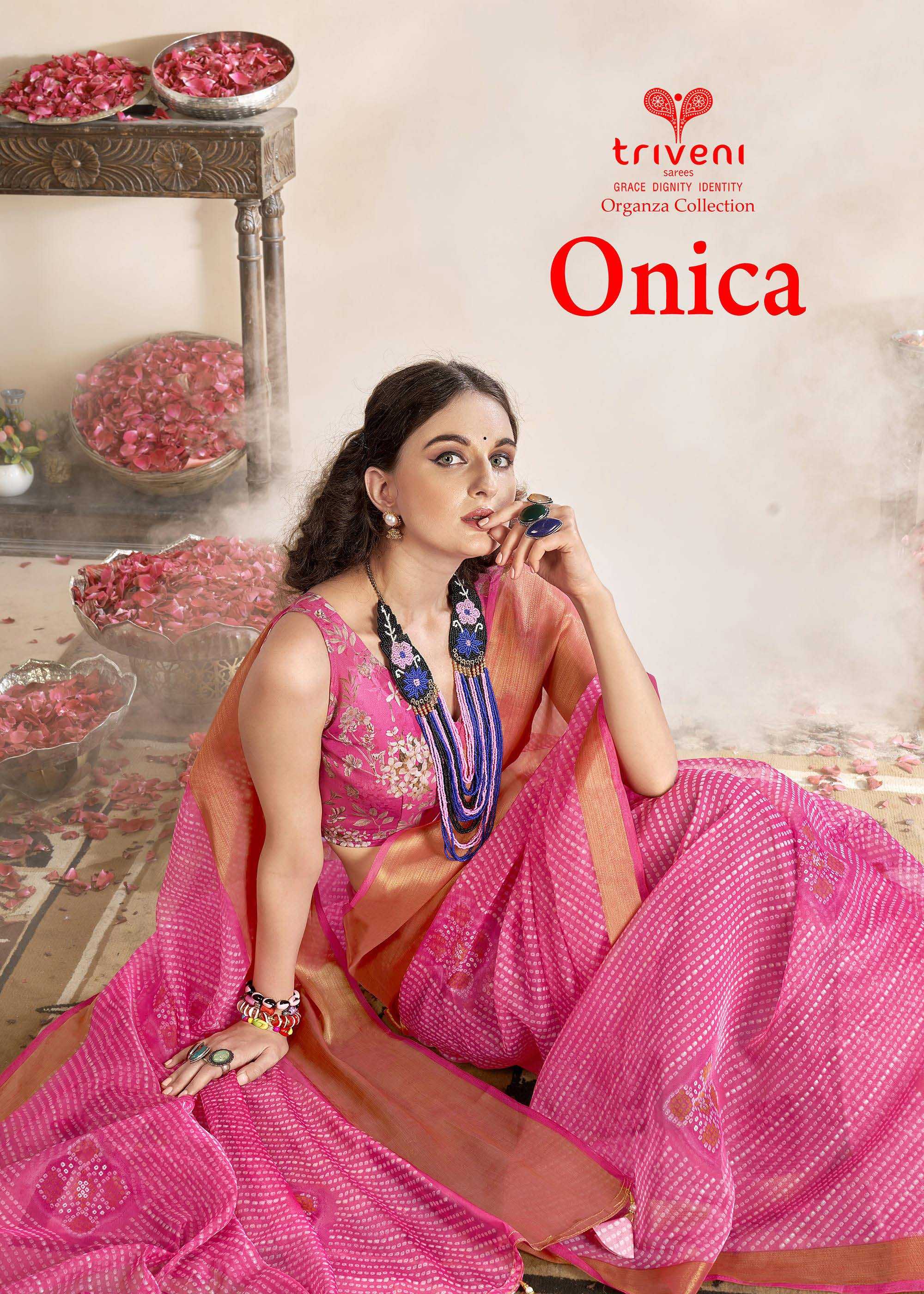 triveni presents onica 17451-17458 series fancy organza unique colour saree 