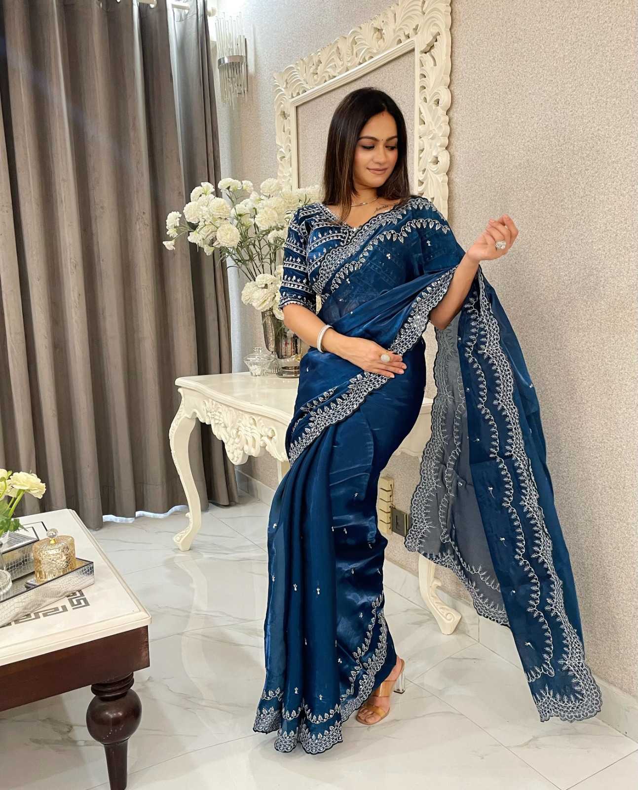 pr kc 825 launch jimmy chu silk fashionable design embroidery work saree with blouse