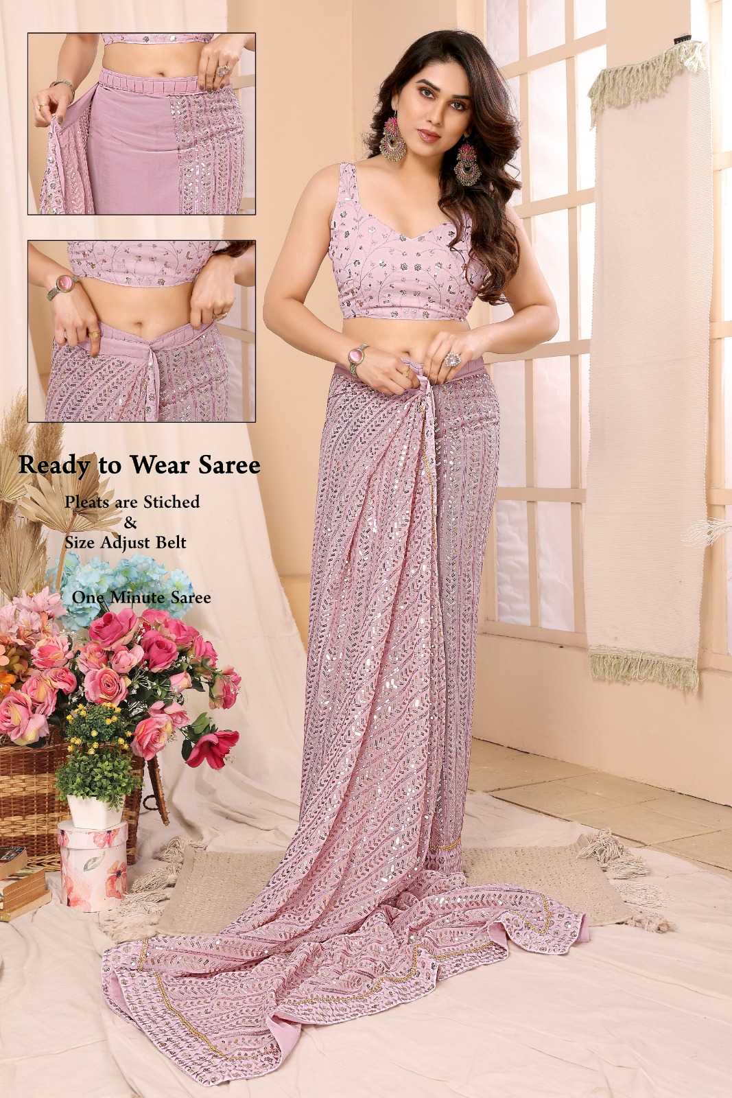 pr reshma most beautiful georgette classiy stitch pleats size adjust belt one minute saree