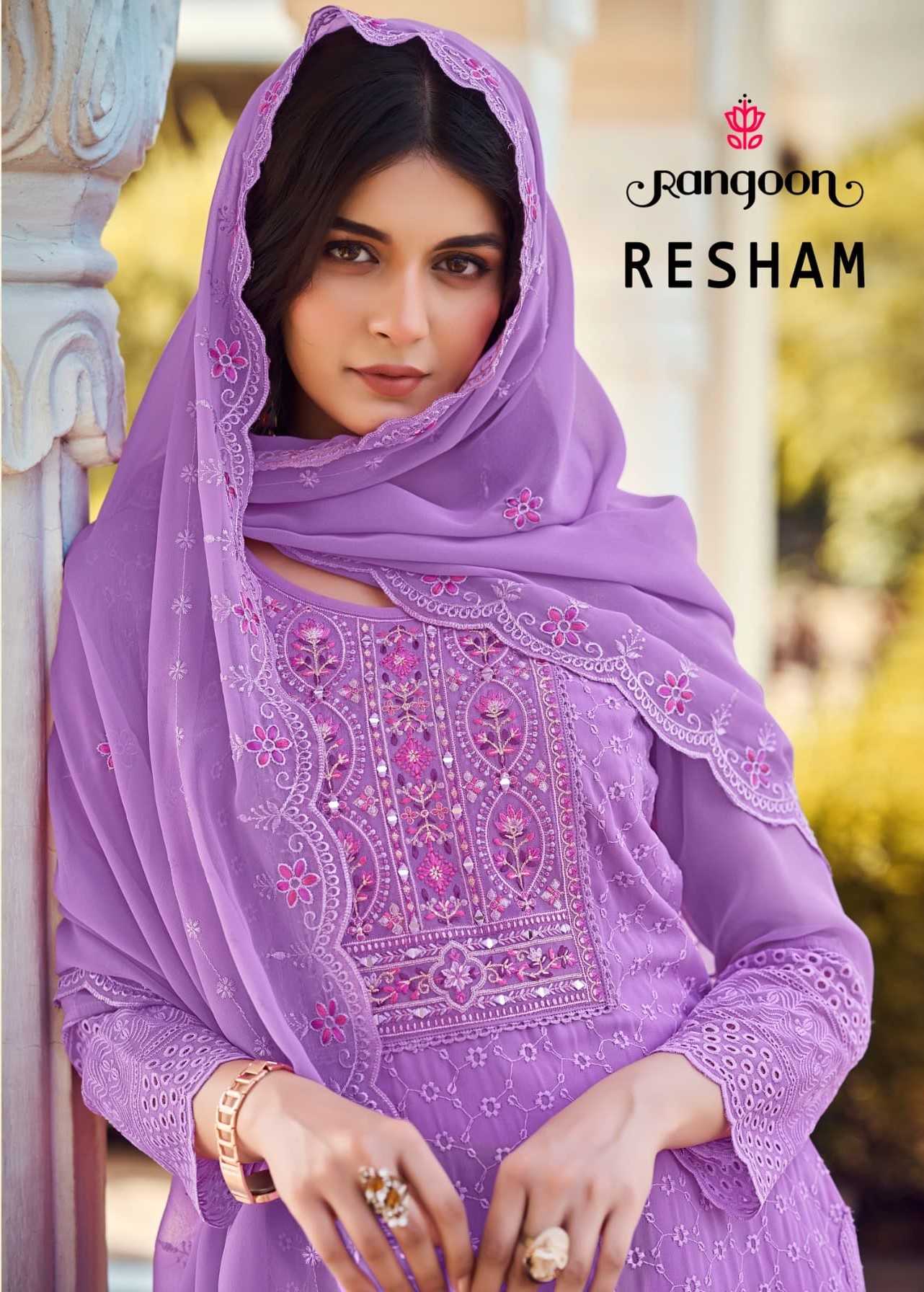 resham by rangoon georgette exclusive embroidery neck full stitch 3pcs dress