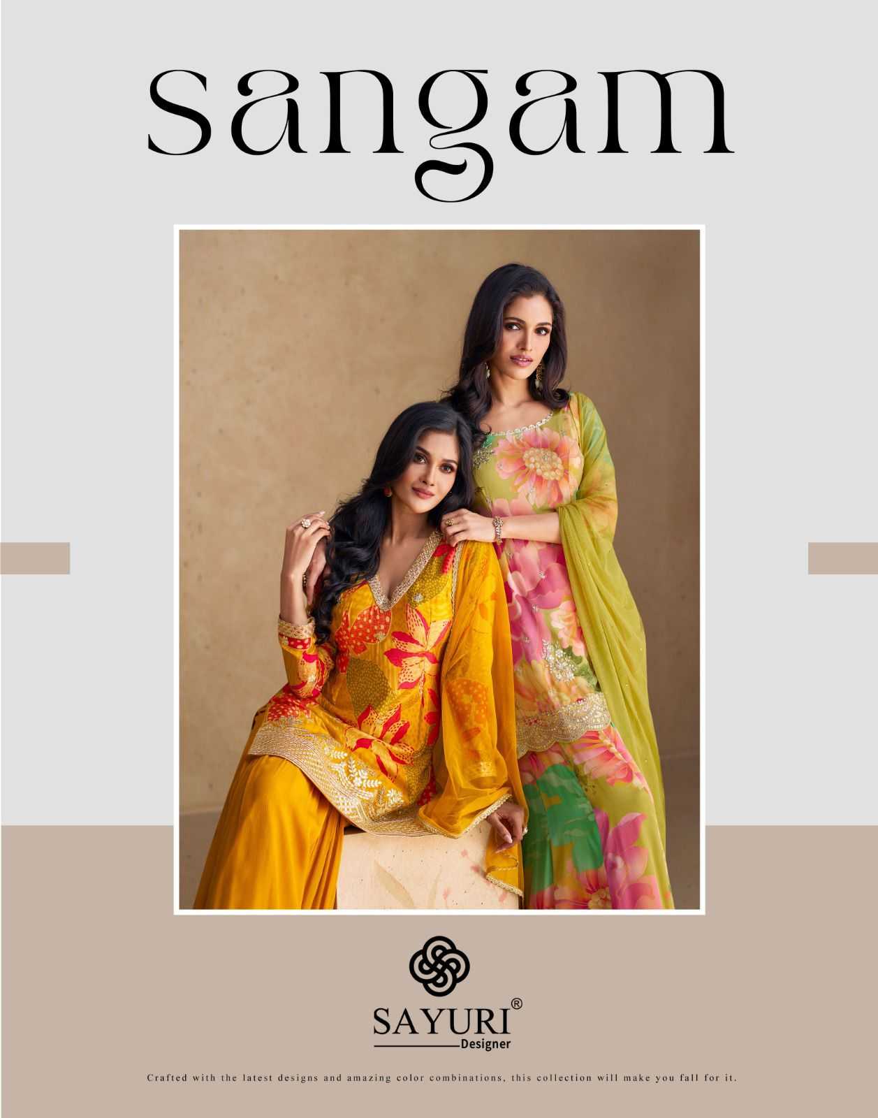 sangam sayuri designer chinon silk readymade occasion wear sharara kurti dupatta 