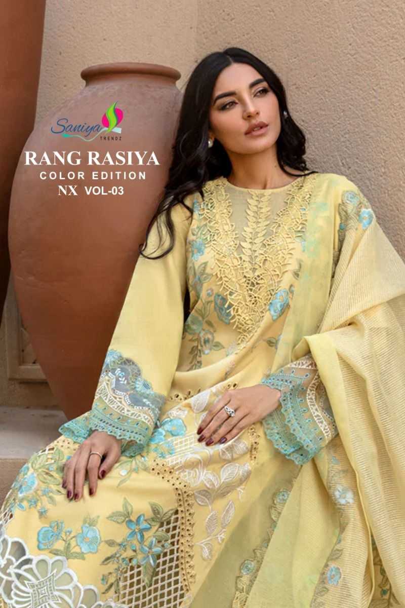 rang rasiya by saniya trendz most beautiful cotton embroidered modern pakistani 3pcs dress