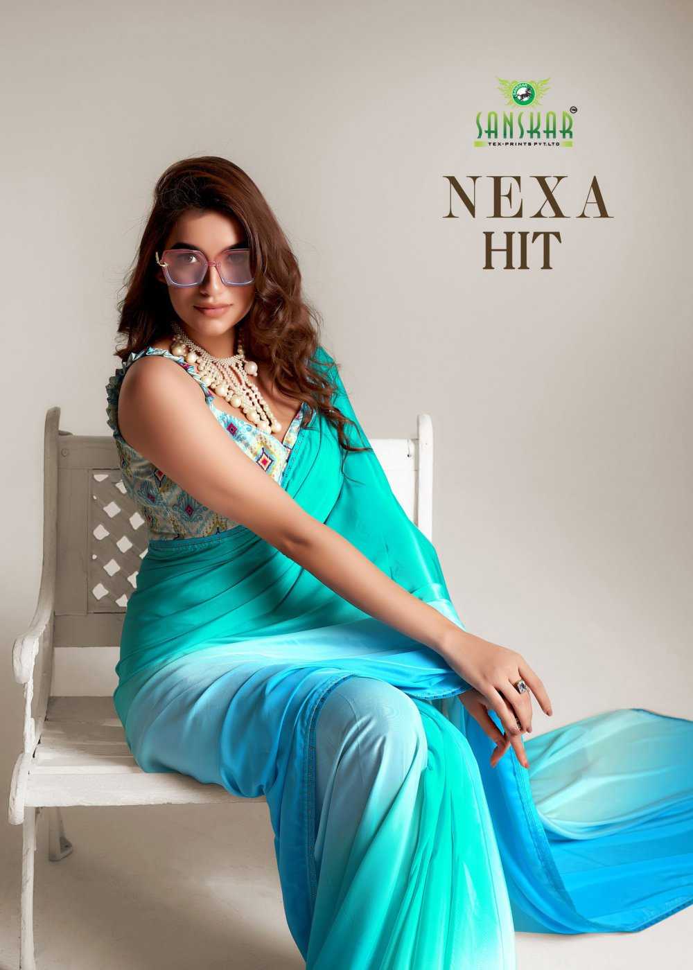 nexa by sanskar tex super hit design fancy satin georgette saree supplier