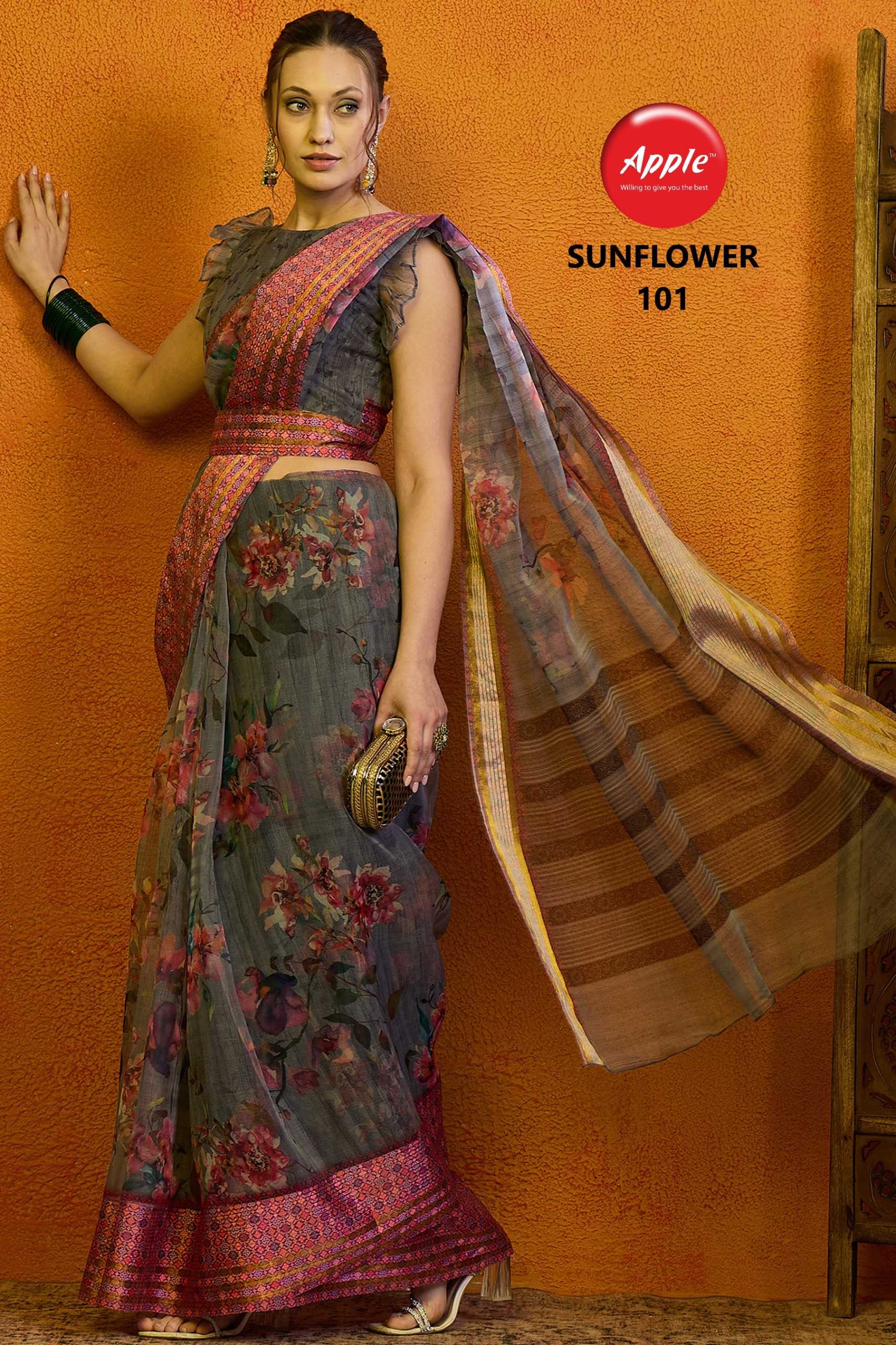 sunflower vol 1 by apple 101-1014 series organza gold line comfy wear saree exports 