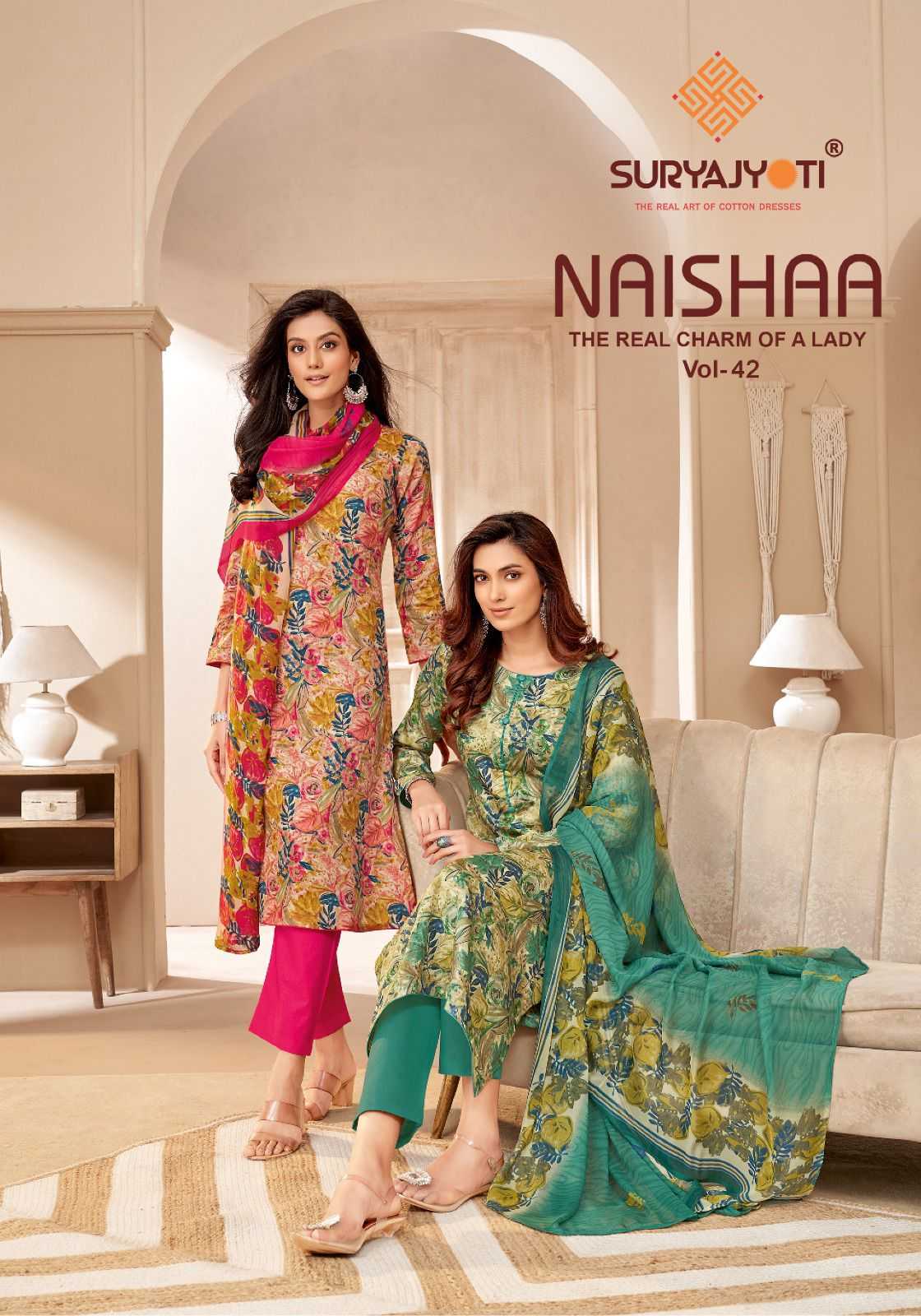 naishaa vol 42 by suryajyoti elegant look jam satin print kurti pant dupatta material 