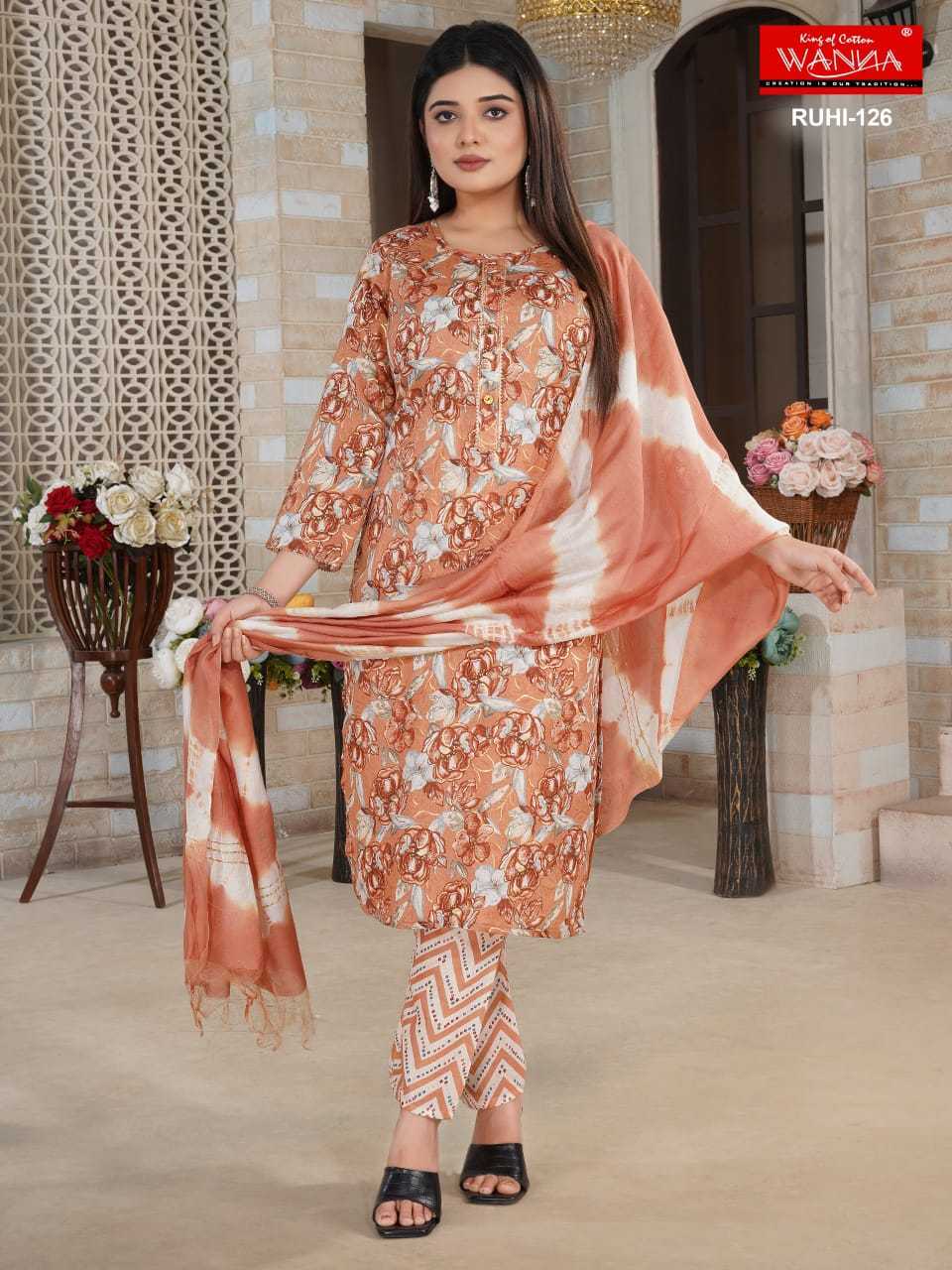 wanna presents ruhi full stitch classic look capsule print top pant with dupatta combo set