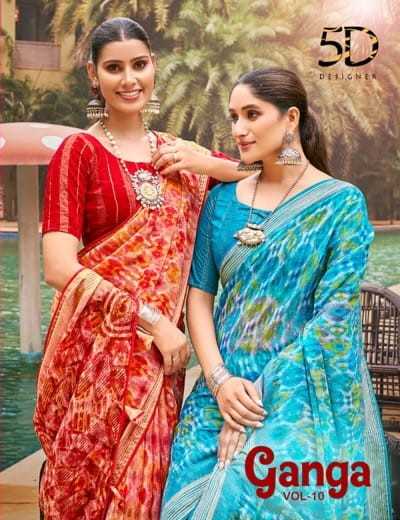 ganga vol 10 by 5d designer bright simmer chiffon border fancy saree with blouse 