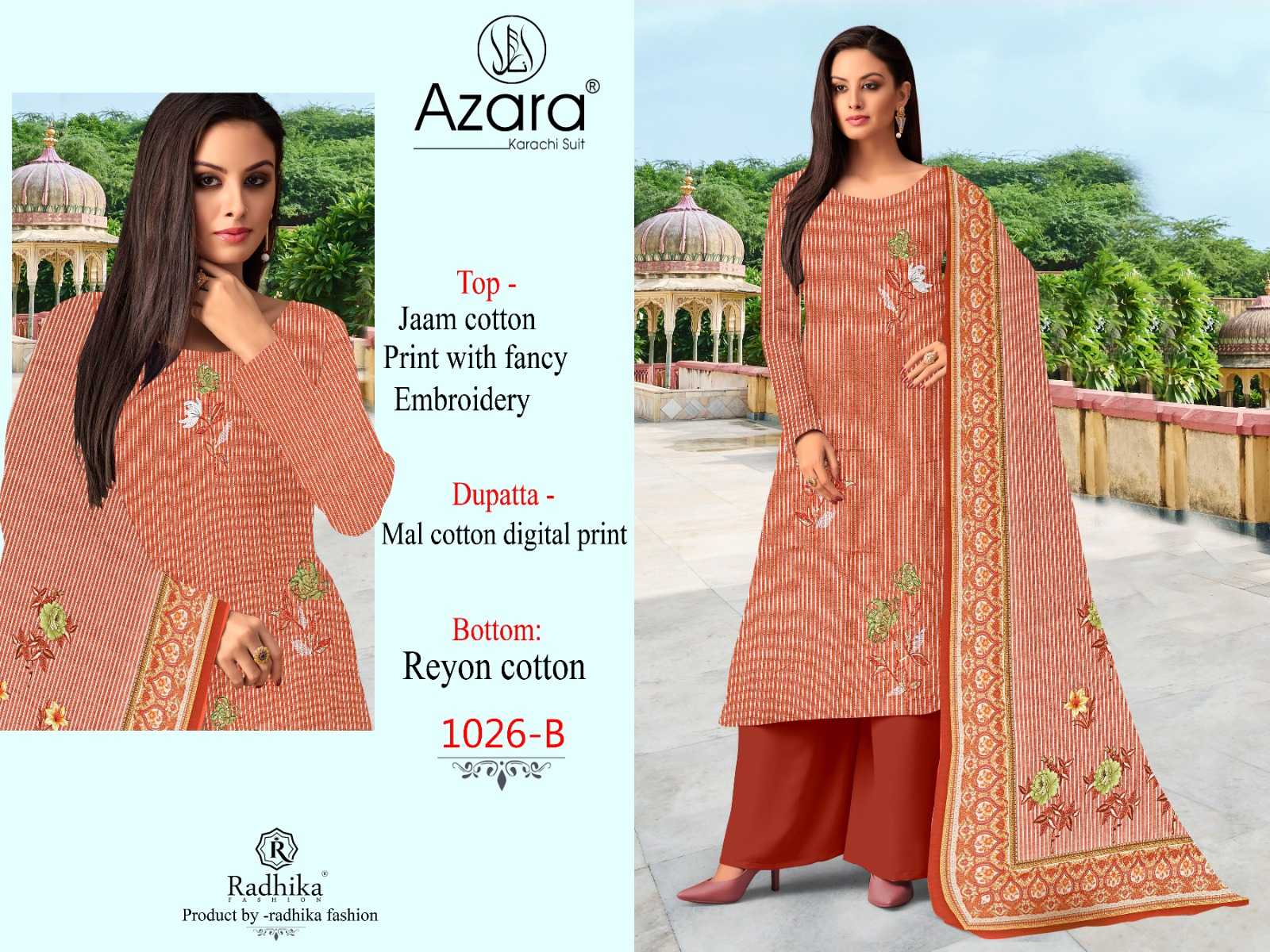 radhika fashion azara design 1026 fancy embroidery digital print 3pcs suit