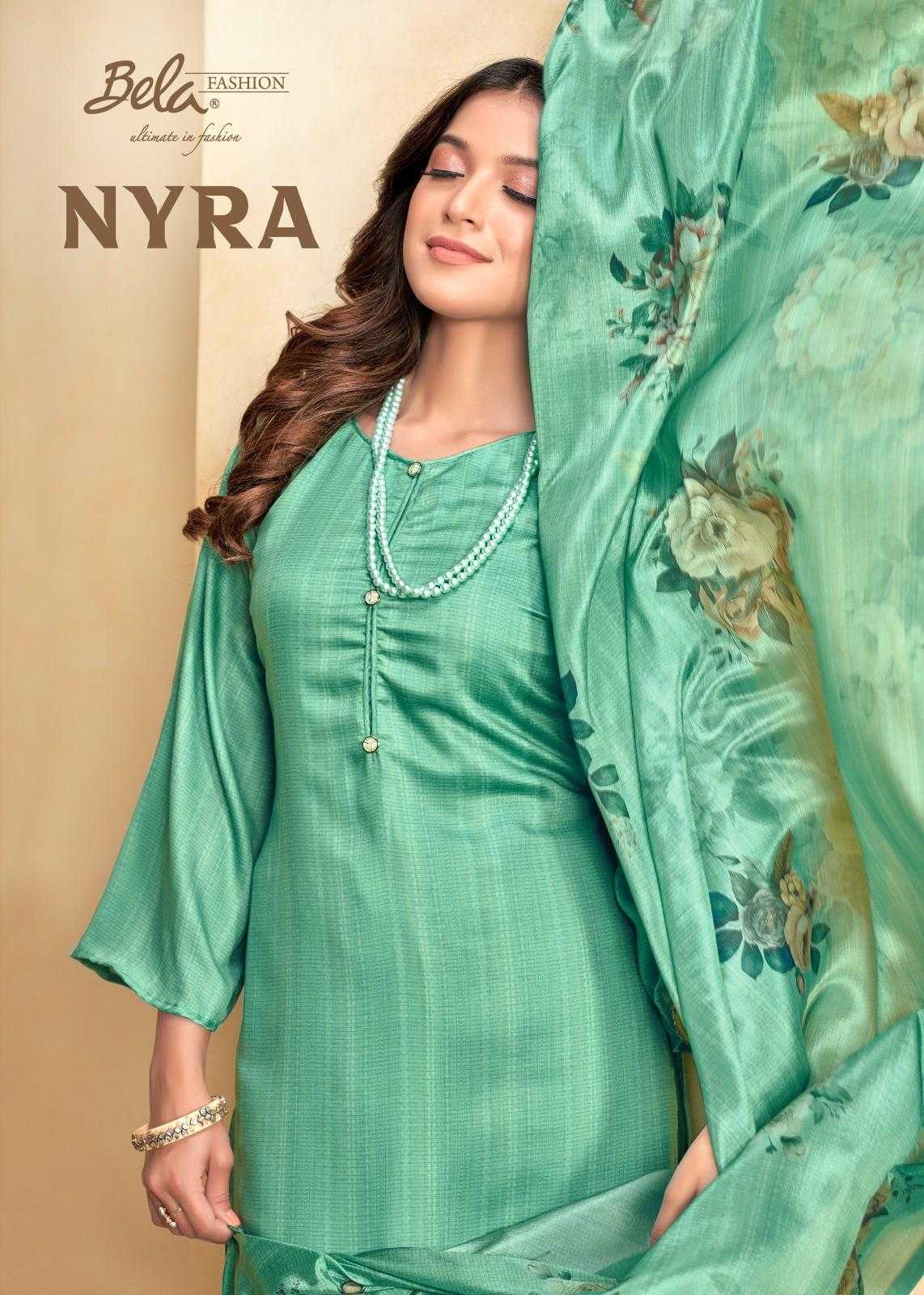nyra by bela super hit look stylish silk print unstitch 3pcs dress 