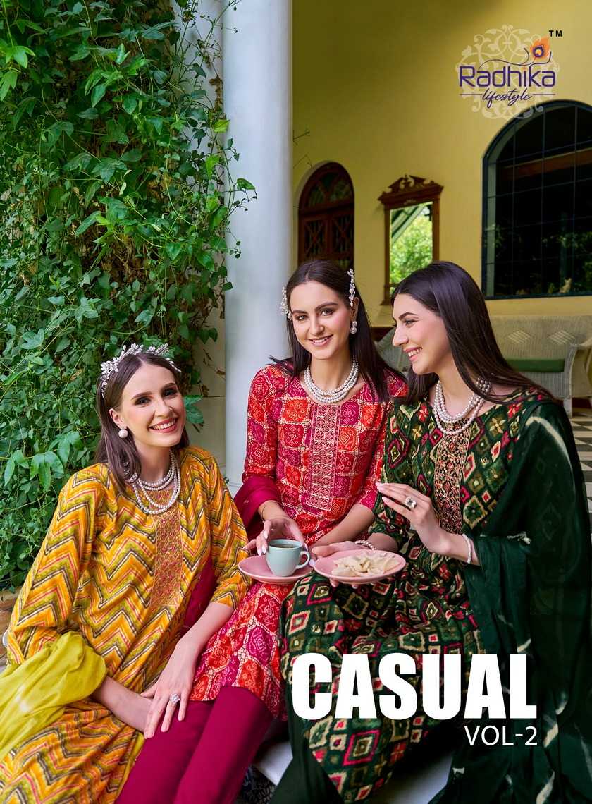 radhika lifestyle casual vol 2 rayon print embroidery work full stitch salwar suit 