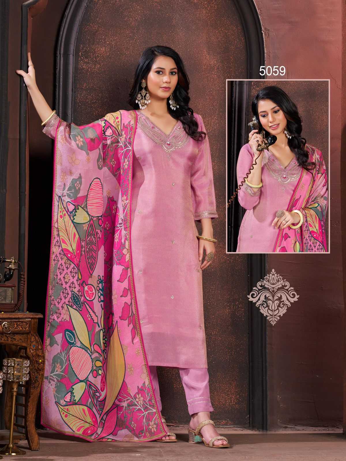 colorx 5057 to 5059 & 5082 to 5084 gold tissu fancy casual wear full stitch 3pcs dress