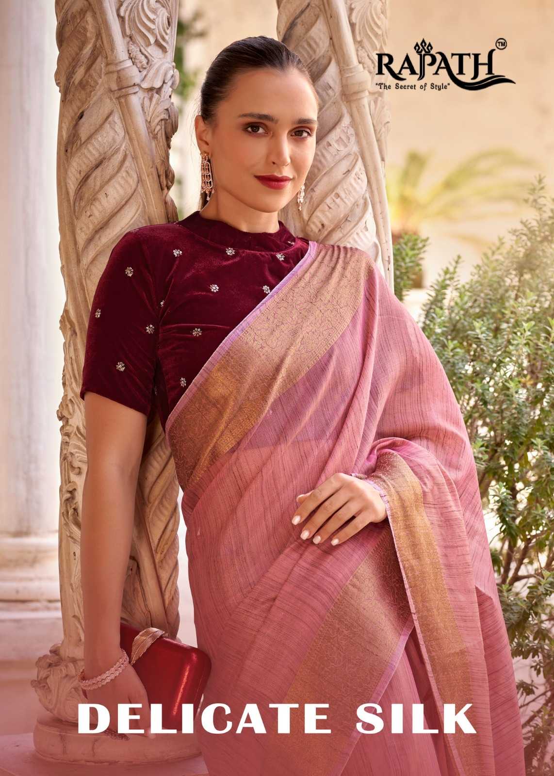 rajpath delicate silk exclusive party wear tissue linen zari weaving saree