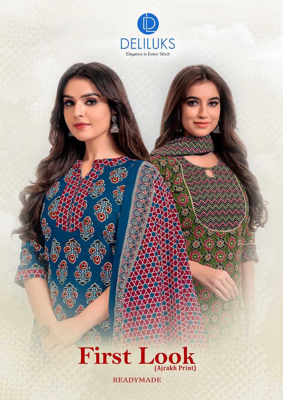 first look by deliluks cotton ajrakh prints fancy comfy wear full stitch 3pcs dress