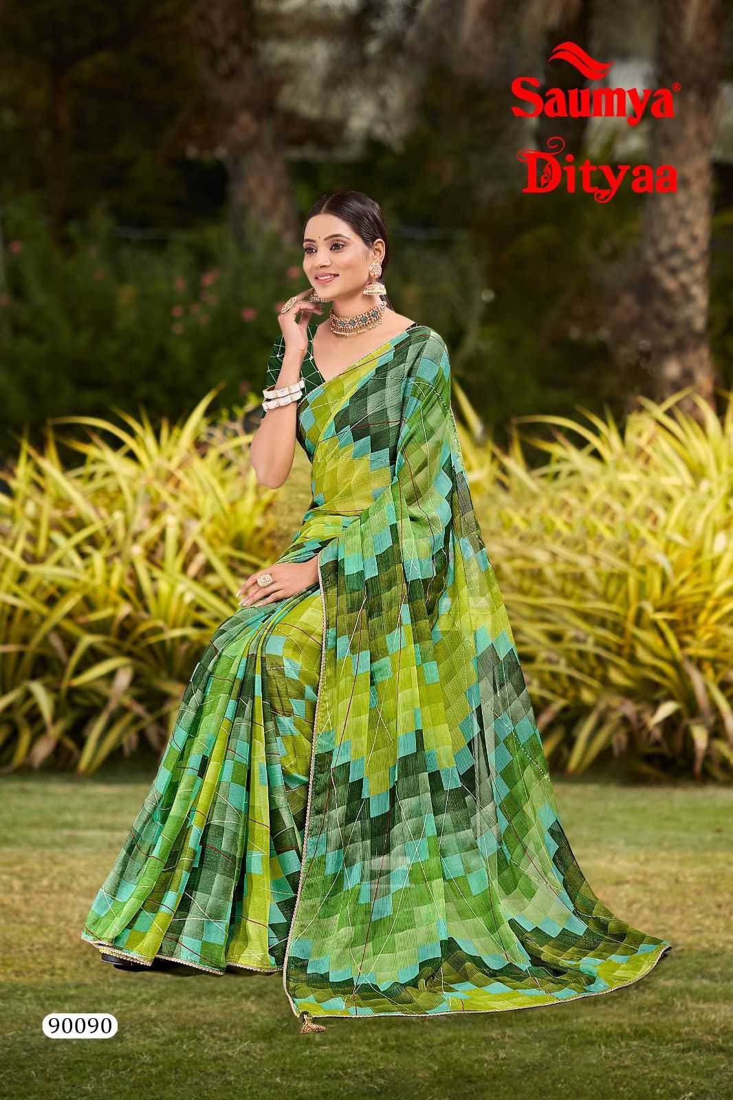 saumya launch ditya georgette printed saree with blouse 