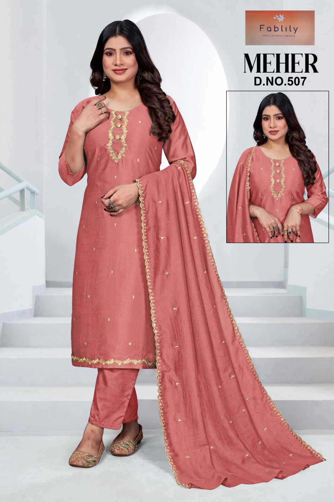 meher by fablily beautiful look vichitra silk fully stitch fancy combo set top pant dupatta 