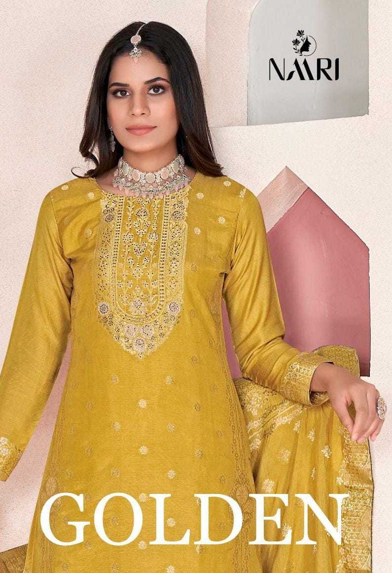 naari golden muslin dola jacquard siroski work traditional wear pakistani ladies dress 