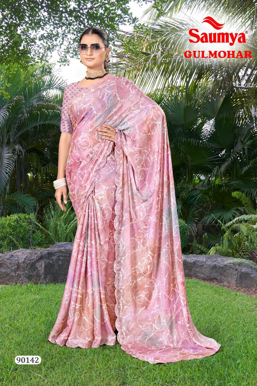 saumya gulmohar new trendy design chiffon saree with blouse 