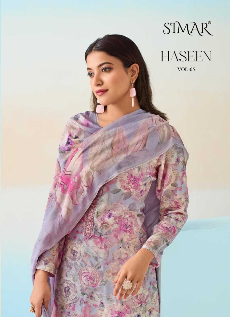 simar haseen vol 5 muslin embroidery work unique colours 3pcs dress