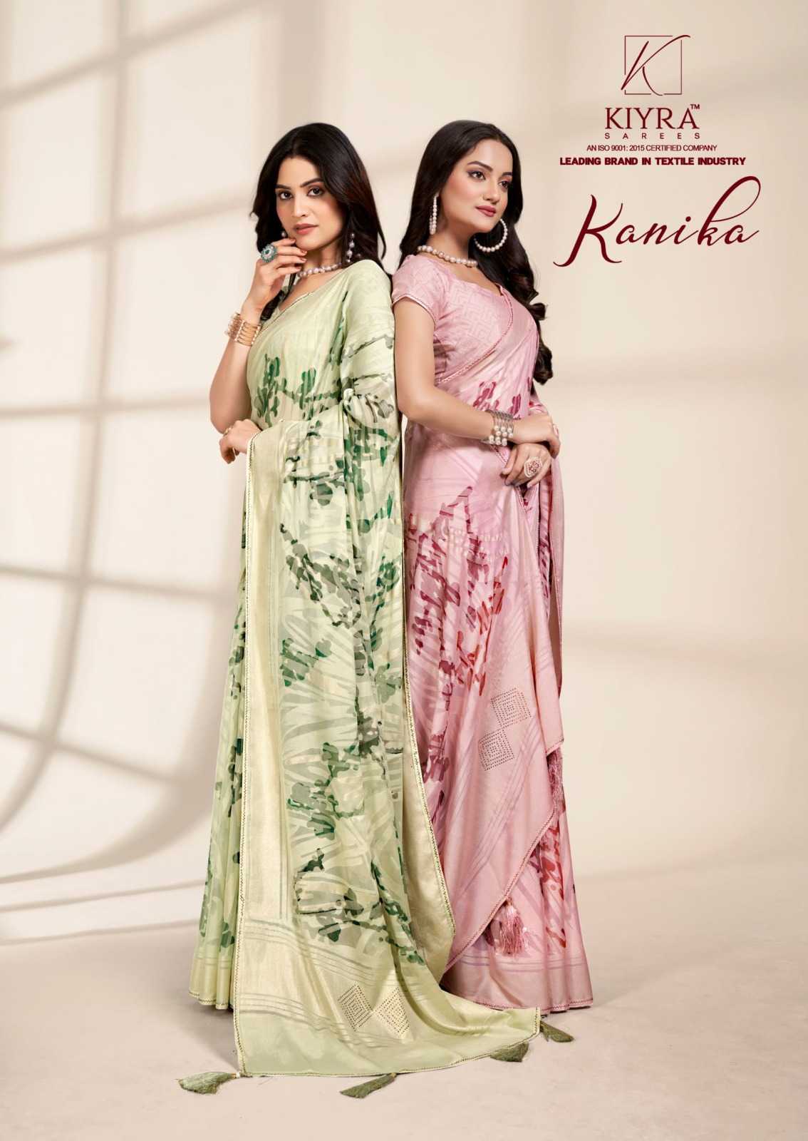 kanika by kiyra foil print siroski work dull moss saree