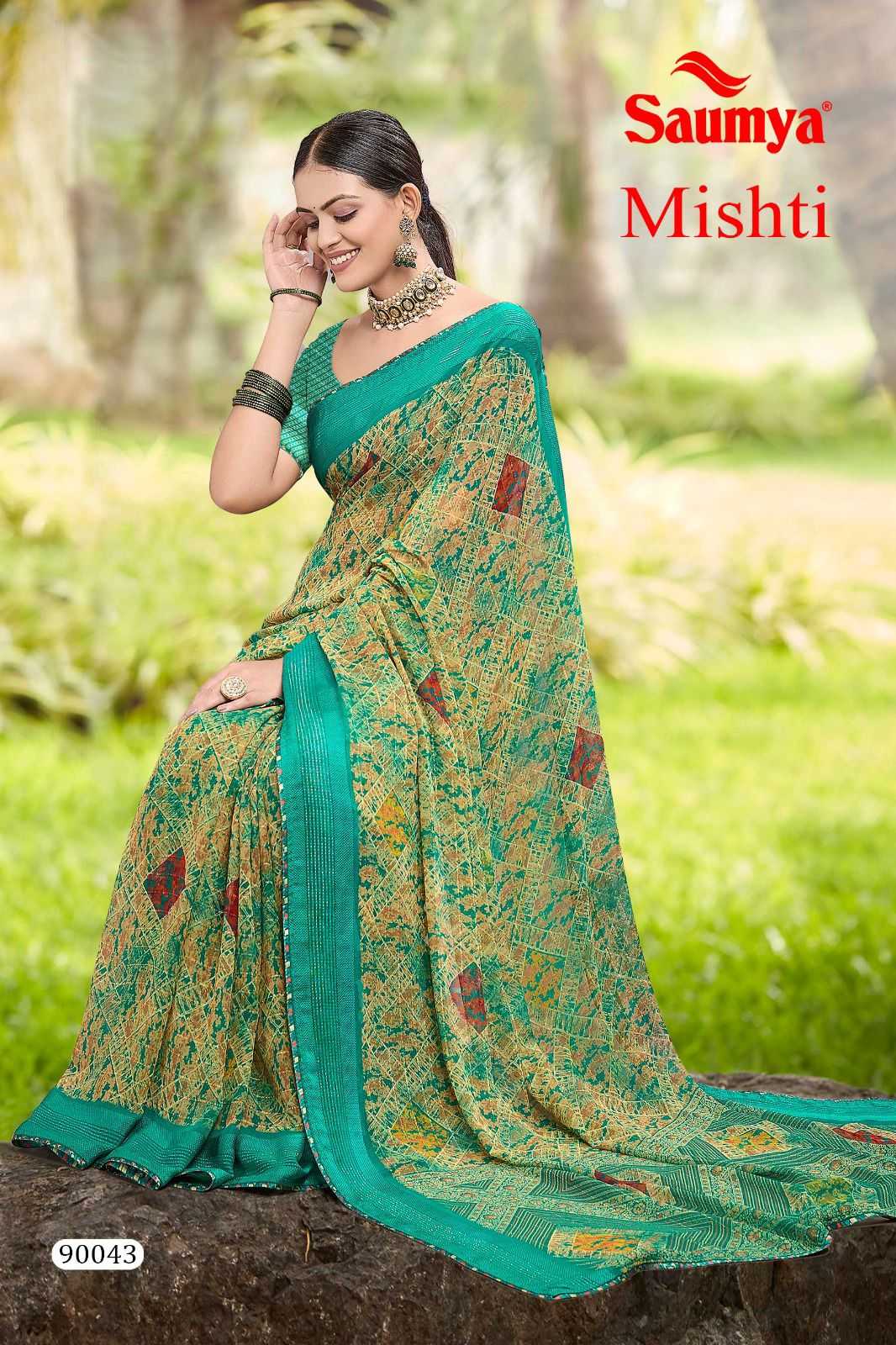 saumya mishti georgette digital piping design saree with blouse 