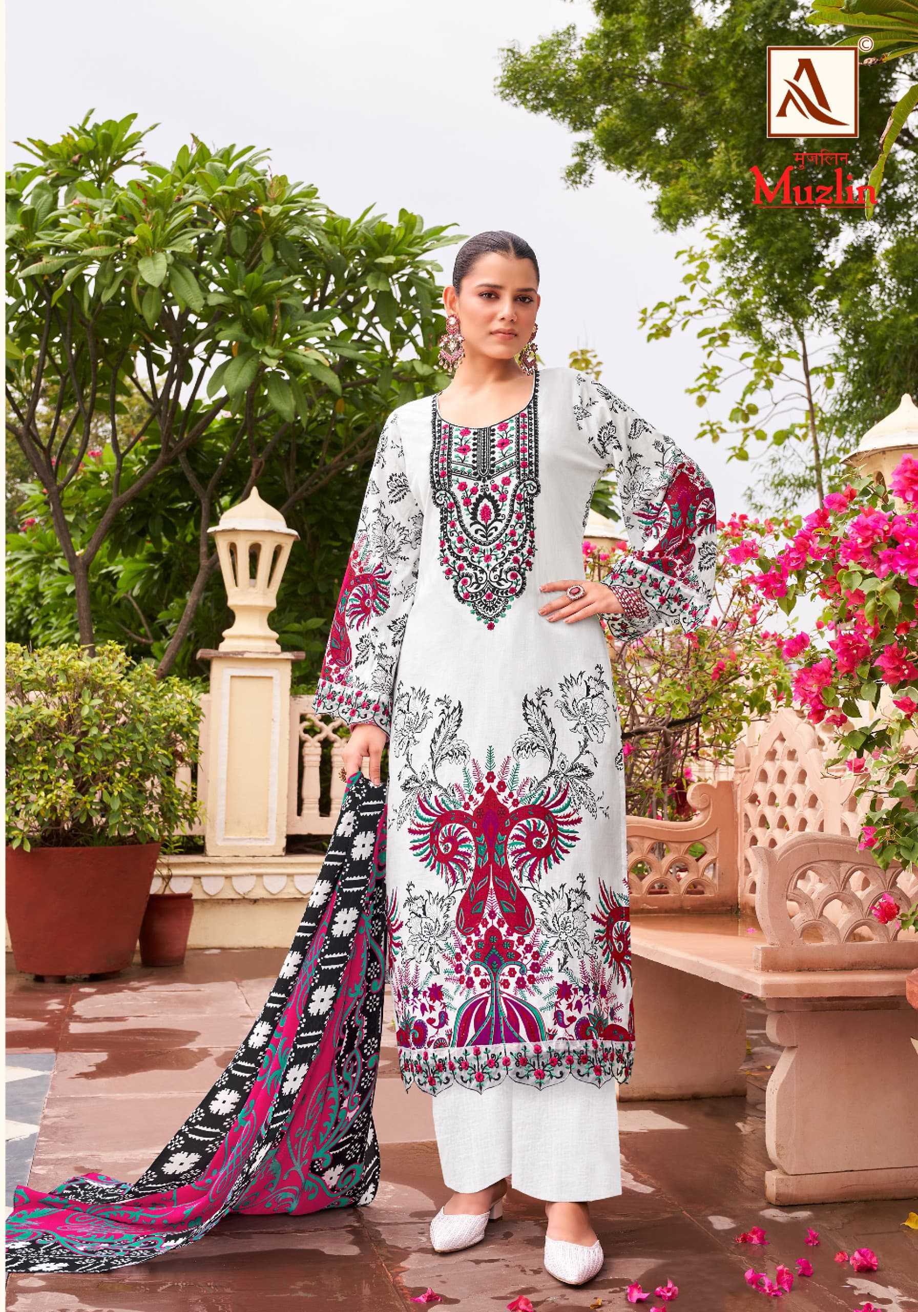 alok muzlin latest design cotton bollywood pakistani embroidery work dress material 