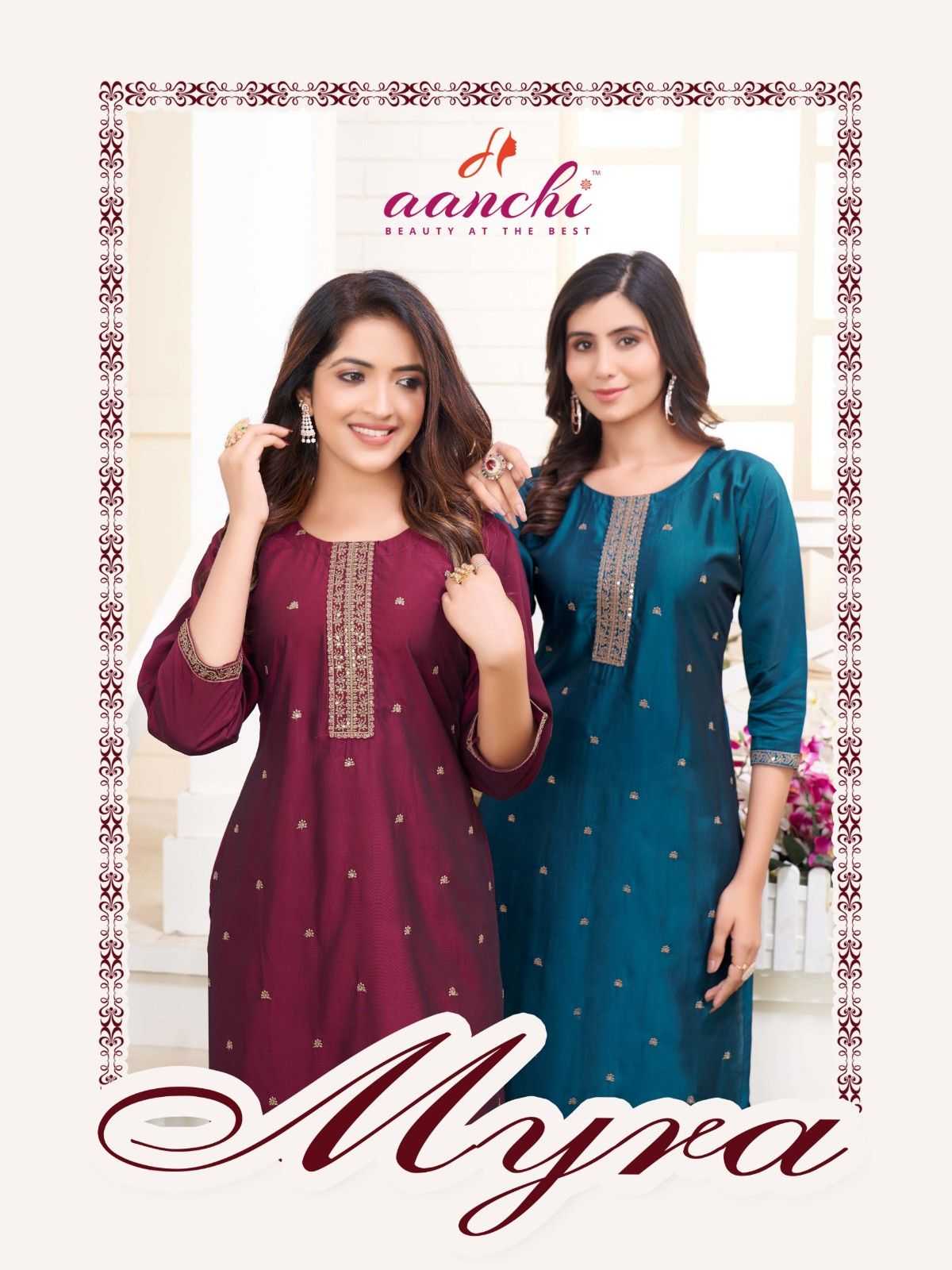 aanchi myra fancy rangeela silk daily wear embroidery work readymade long kurti