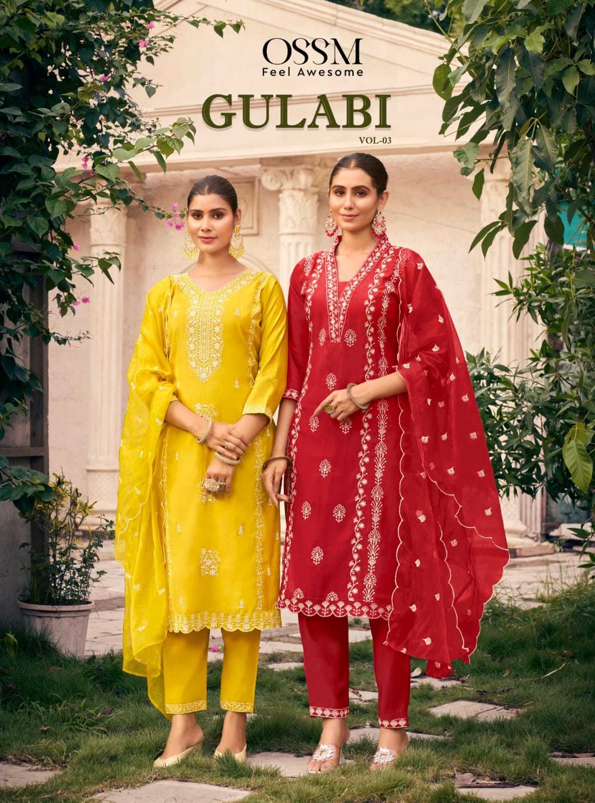 gulabi vol 3 by ossm roman silk amazing work fully stitch 3pcs dress