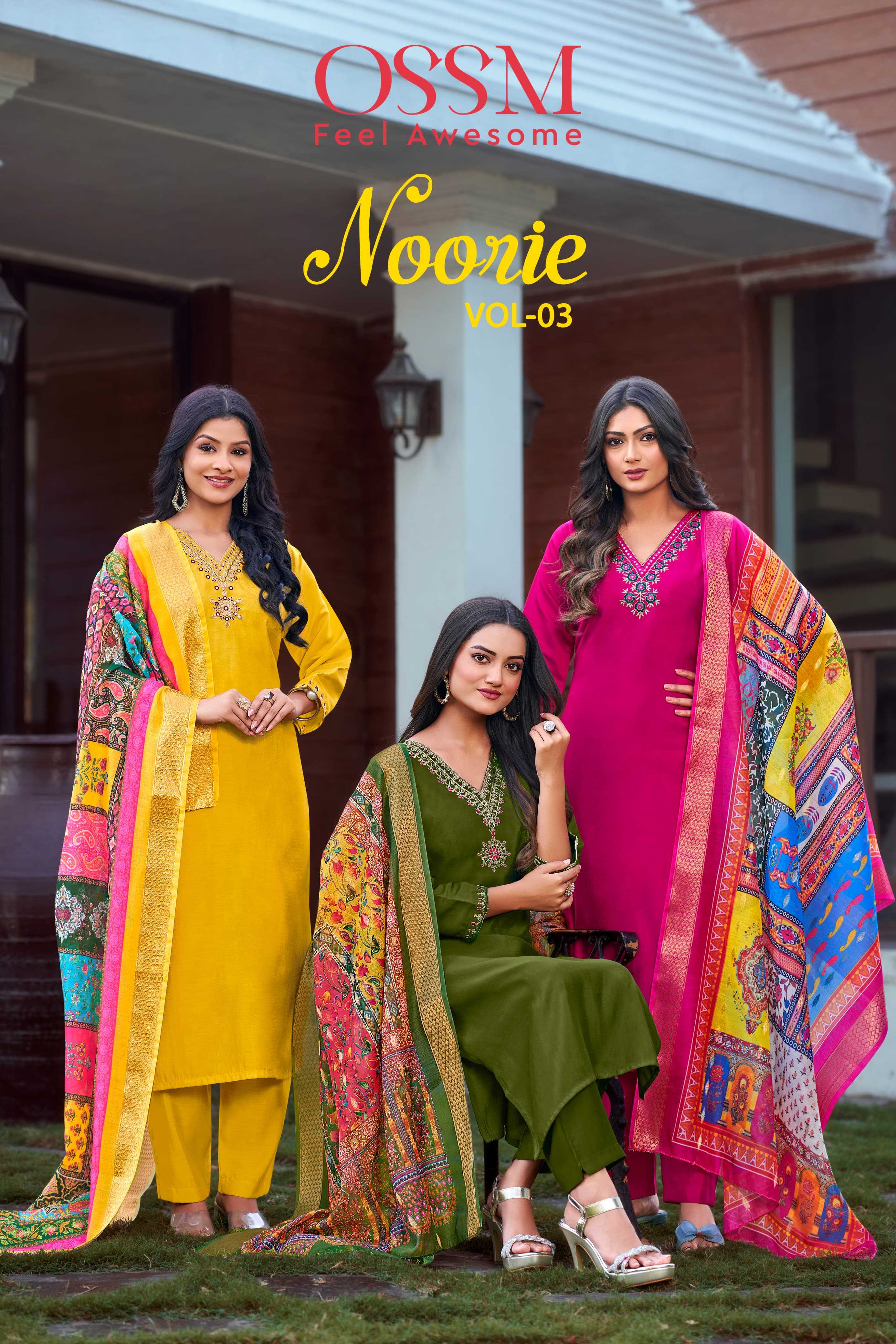 noorie vol 3 by ossm stylish viscos roman silk fully stitch 3pcs dress