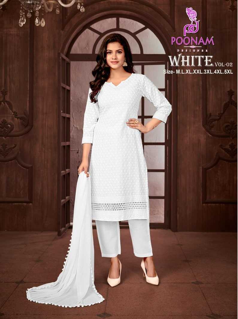 white vol 2 by poonam designer rayon full stitch pretty look chikan work big size 3pcs dress