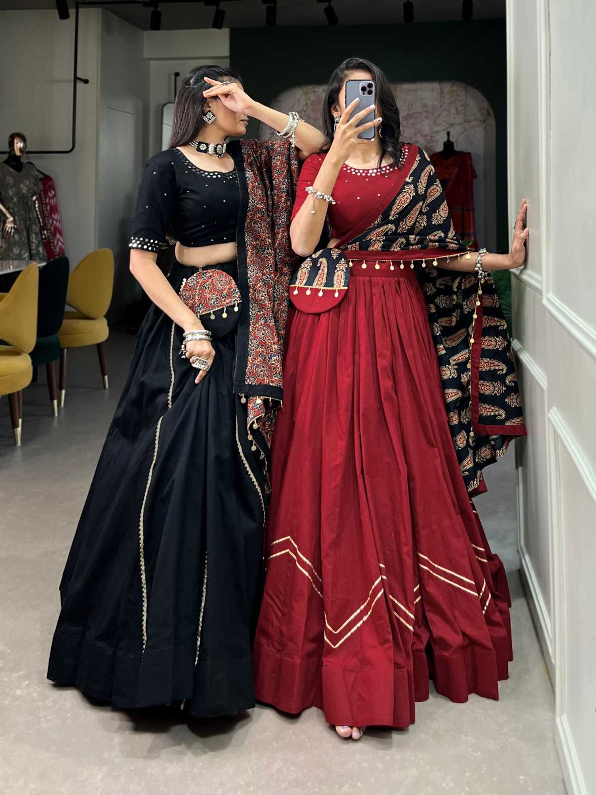 pr chaithra stylish cotton gota Patti stitch lehenga unstitch blouse with dupatta 