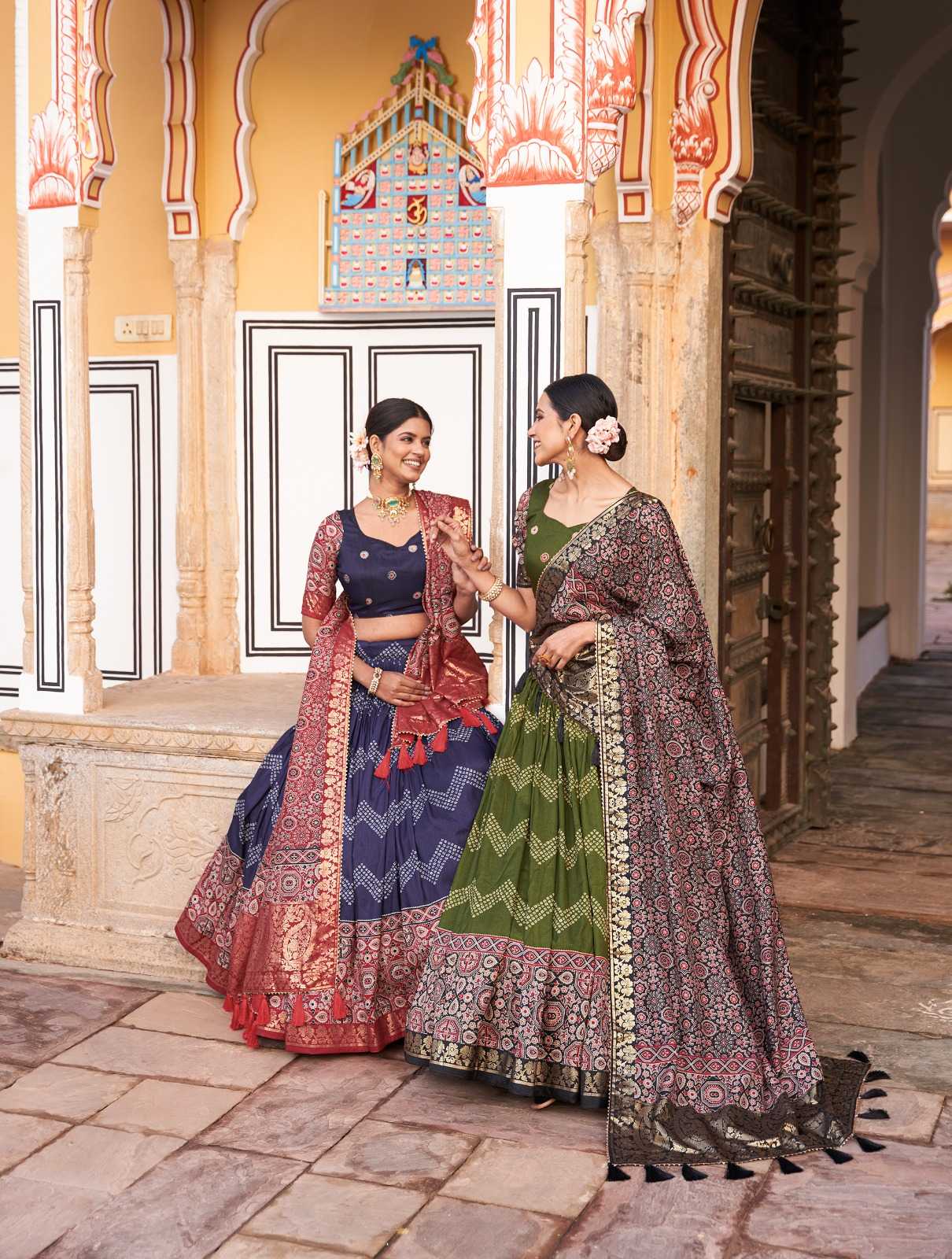 pr renuka tussar silk ajarakh print beautiful design stitch lehenga unstitch blouse dupatta 
