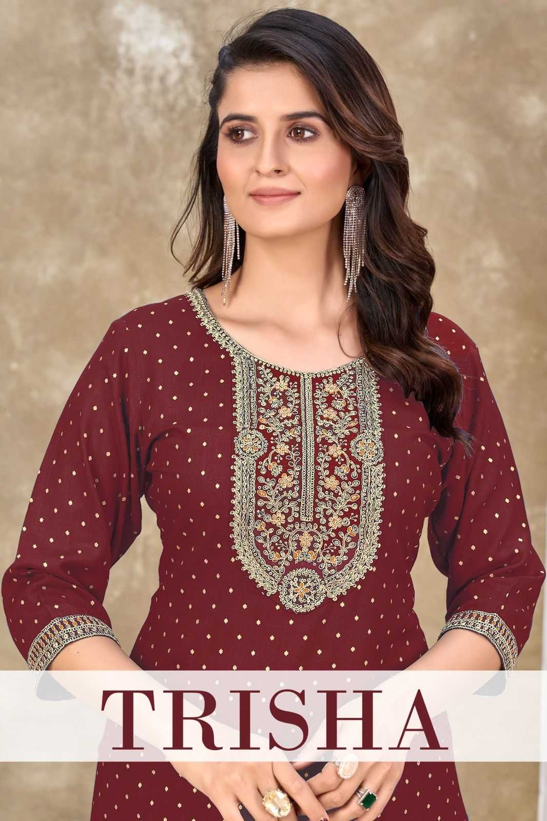 pr trisha full stitch elegant style embroidery with sequence big size short kurti 