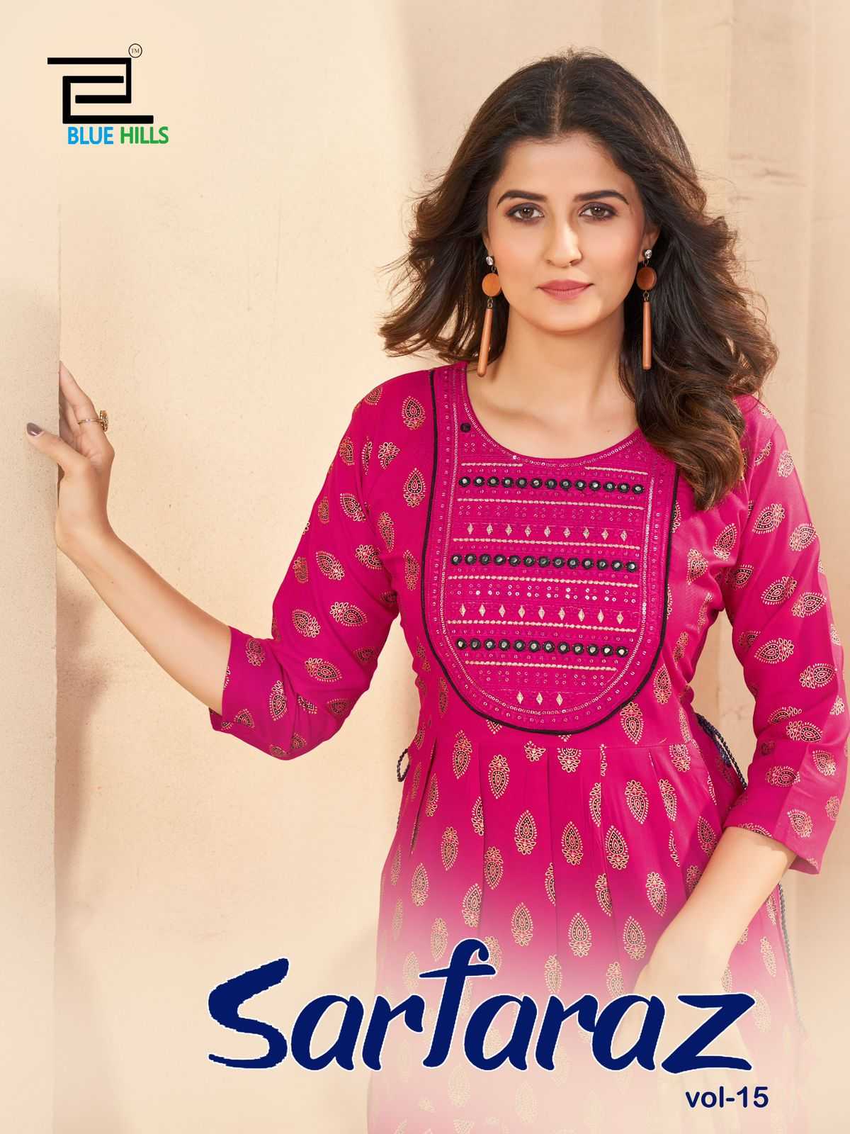 blue hills sarfaraz vol 15 new design rayon print readymade big size gown style kurti