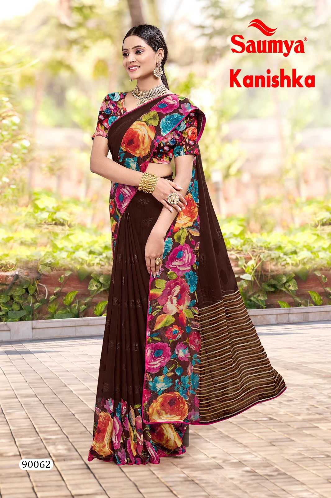 kanishka by saumya spray print with satin piping saree with blouse