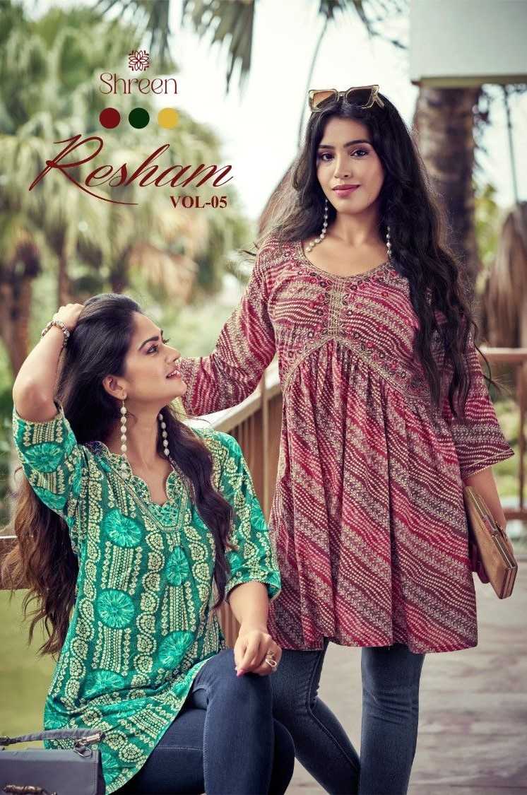 resham vol 5 by shreen new trendy western rayon prints readymade tunics 