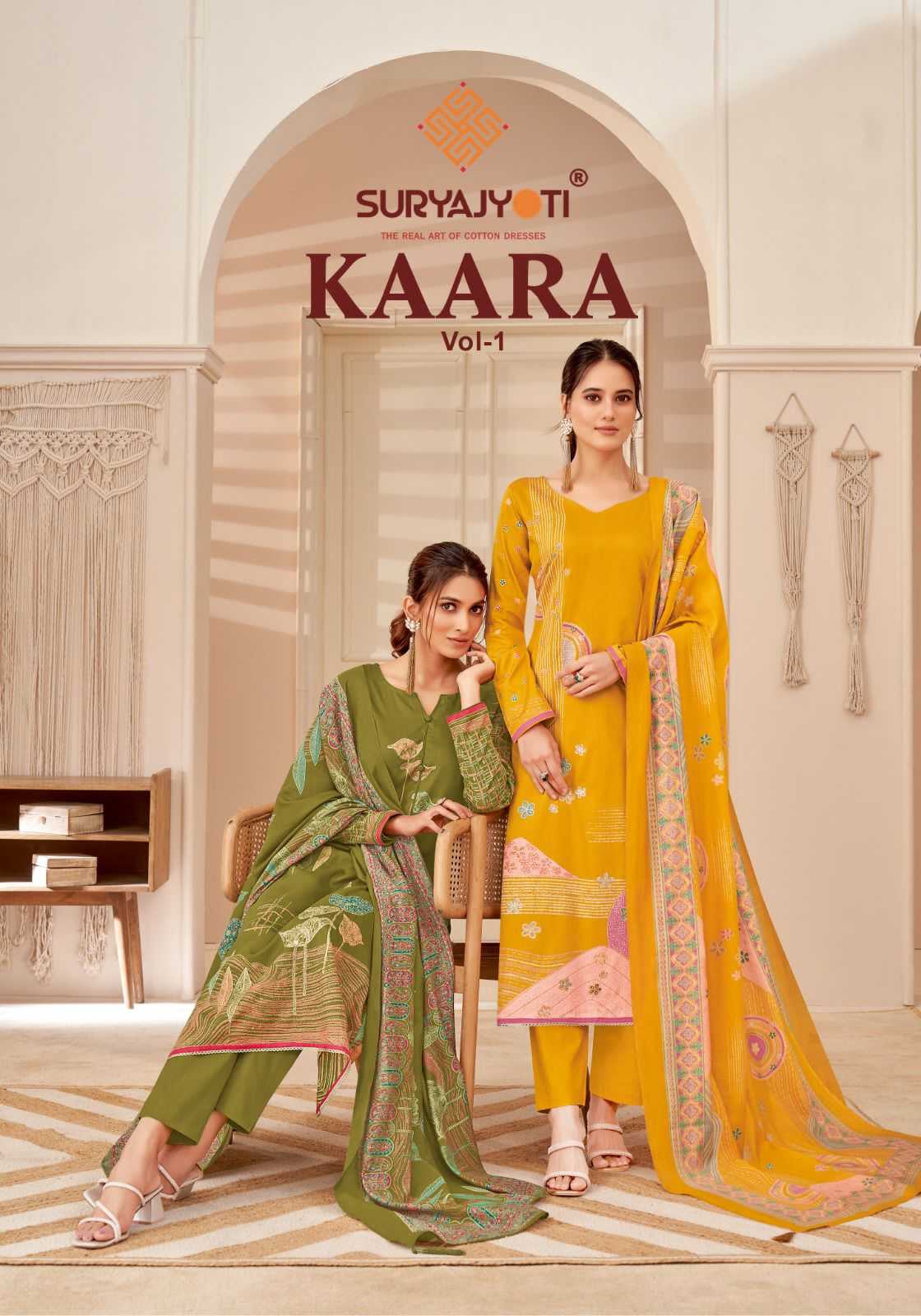 kaara by suryajyoti beautiful print jaam satin handwork unstitch salwar suit 